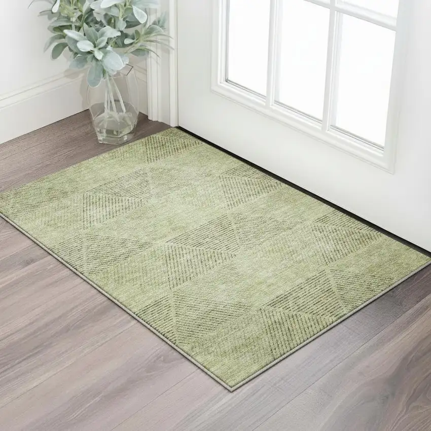 Artichoke Green Gray And Silver Geometric Washable Area Rug With UV Protection Photo 2