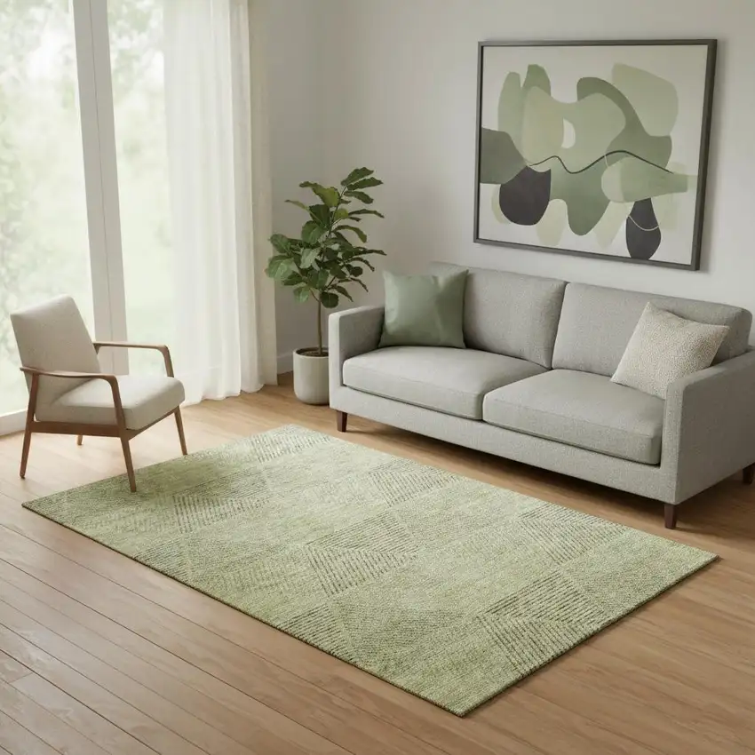 Artichoke Green Gray And Silver Geometric Washable Area Rug With UV Protection Photo 1