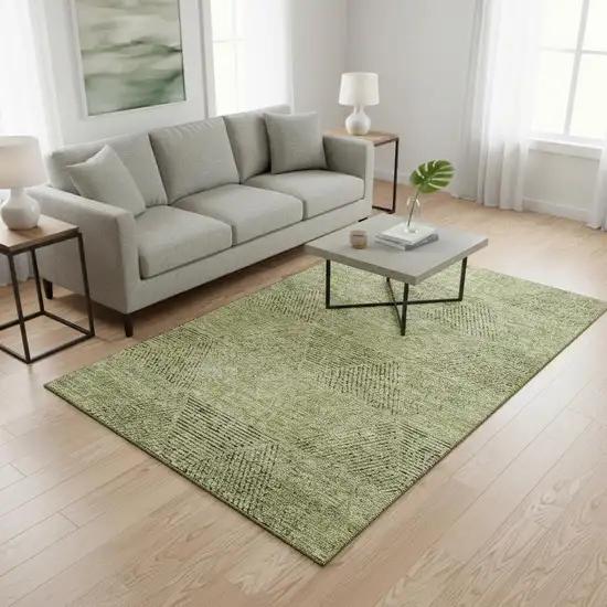 Artichoke Green Gray And Silver Geometric Washable Area Rug With UV Protection Photo 2