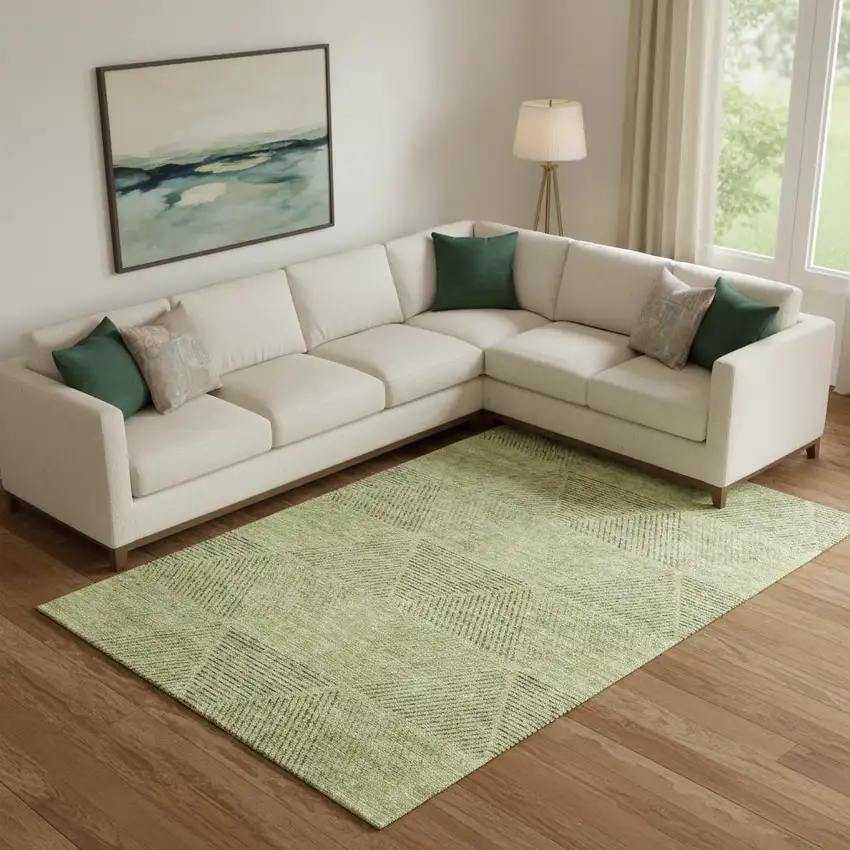 Artichoke Green Gray And Silver Geometric Washable Area Rug With UV Protection Photo 3