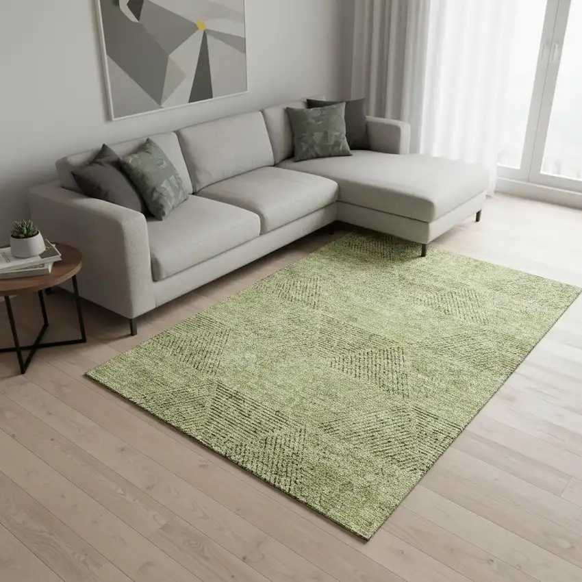 Artichoke Green Gray And Silver Geometric Washable Area Rug With UV Protection Photo 2