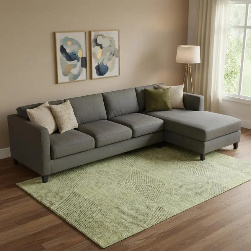 Artichoke Green Gray And Silver Geometric Washable Area Rug With UV Protection Photo 1