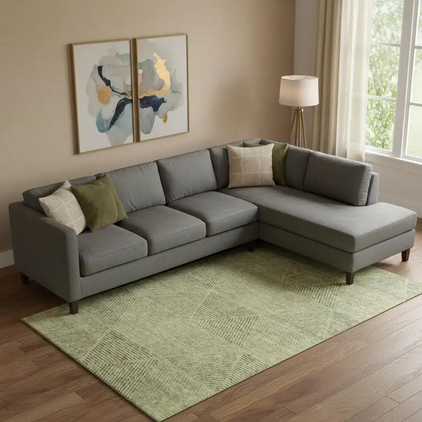 Artichoke Green Gray And Silver Geometric Washable Area Rug With UV Protection Photo 1