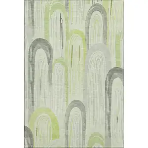 Photo of Artichoke Green Gray And Silver Geometric Washable Area Rug With UV Protection