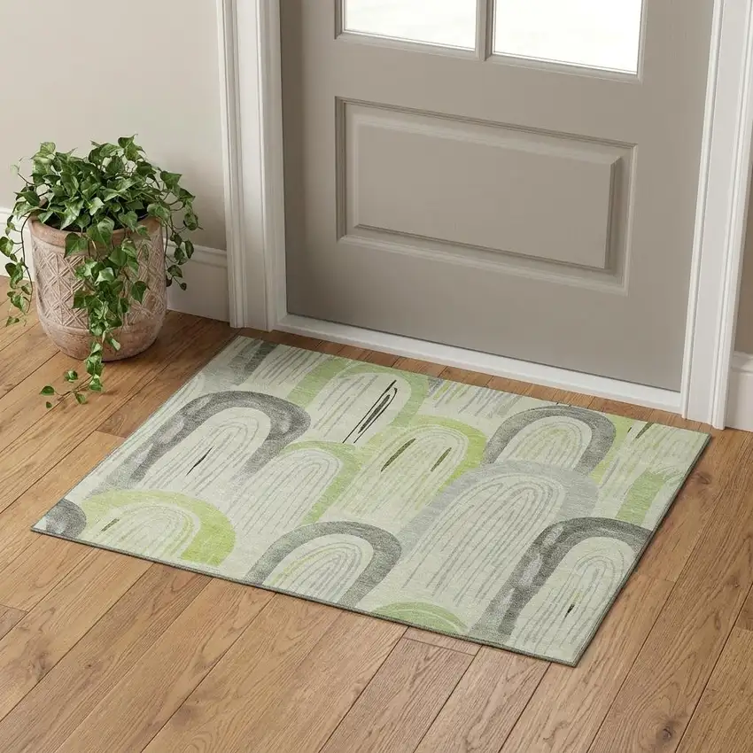 Artichoke Green Gray And Silver Geometric Washable Area Rug With UV Protection Photo 1