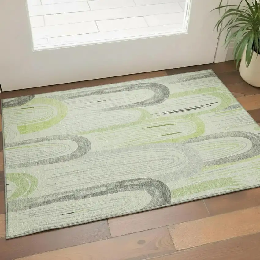 Artichoke Green Gray And Silver Geometric Washable Area Rug With UV Protection Photo 2