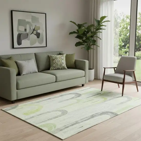 Artichoke Green Gray And Silver Geometric Washable Area Rug With UV Protection Photo 2