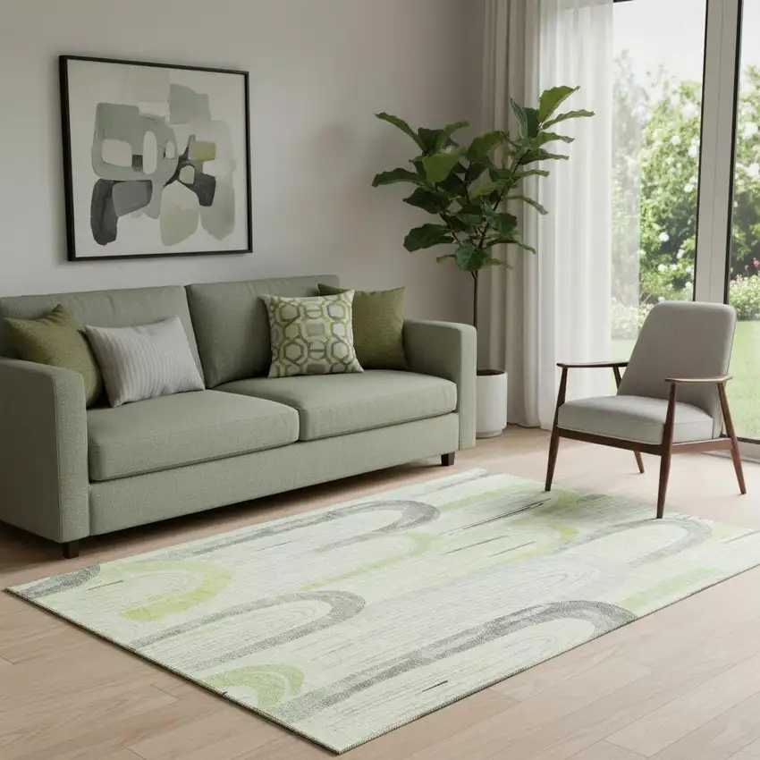 Artichoke Green Gray And Silver Geometric Washable Area Rug With UV Protection Photo 2