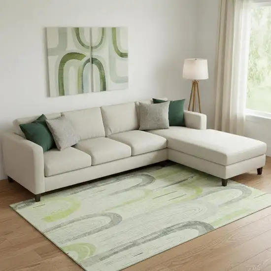 Artichoke Green Gray And Silver Geometric Washable Area Rug With UV Protection Photo 2