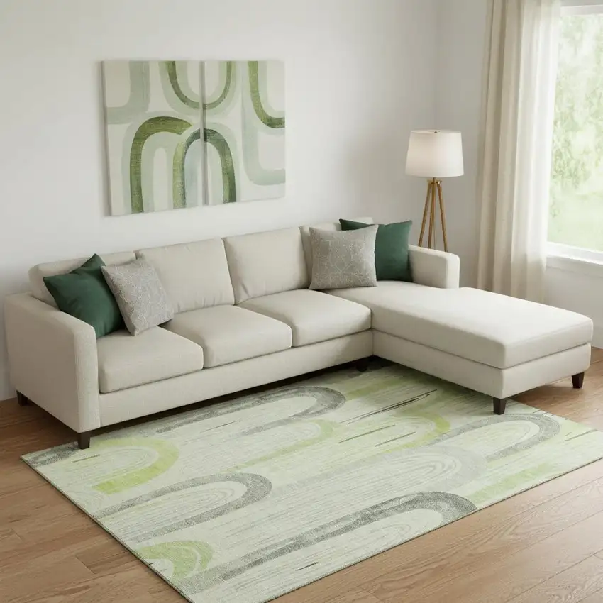 Artichoke Green Gray And Silver Geometric Washable Area Rug With UV Protection Photo 2