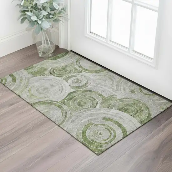 Artichoke Green Gray And Silver Geometric Washable Area Rug With UV Protection Photo 2