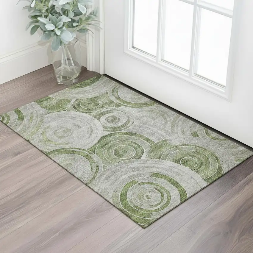 Artichoke Green Gray And Silver Geometric Washable Area Rug With UV Protection Photo 2