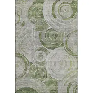 Photo of Artichoke Green Gray And Silver Geometric Washable Area Rug With UV Protection