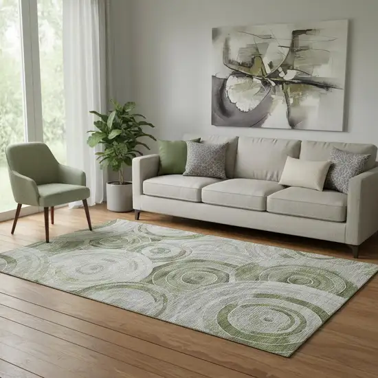 Artichoke Green Gray And Silver Geometric Washable Area Rug With UV Protection Photo 2