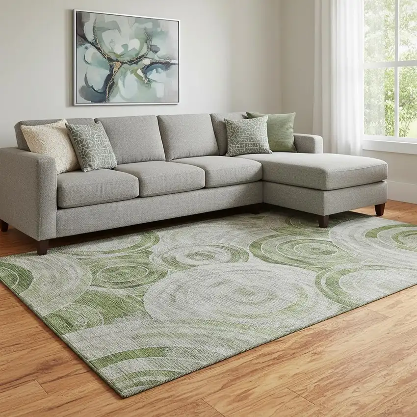 Artichoke Green Gray And Silver Geometric Washable Area Rug With UV Protection Photo 2