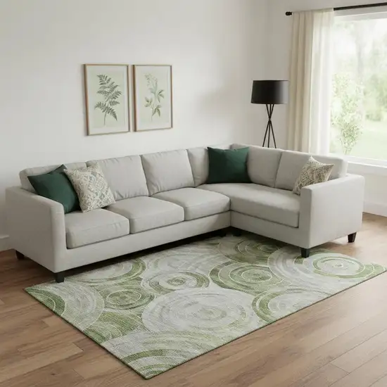 Artichoke Green Gray And Silver Geometric Washable Area Rug With UV Protection Photo 2