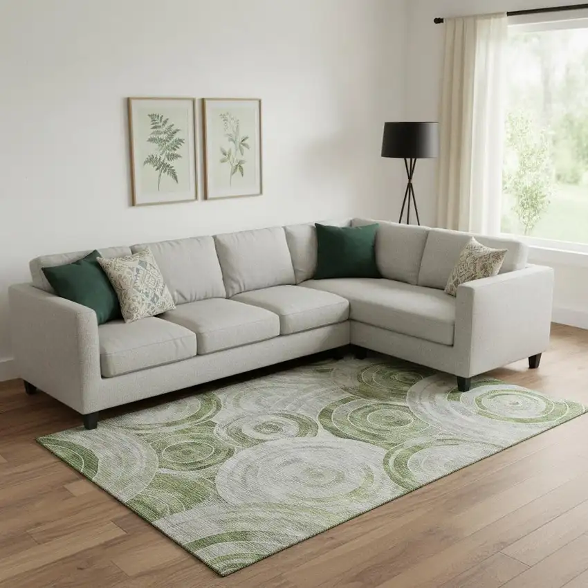 Artichoke Green Gray And Silver Geometric Washable Area Rug With UV Protection Photo 2