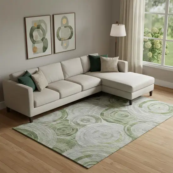 Artichoke Green Gray And Silver Geometric Washable Area Rug With UV Protection Photo 2