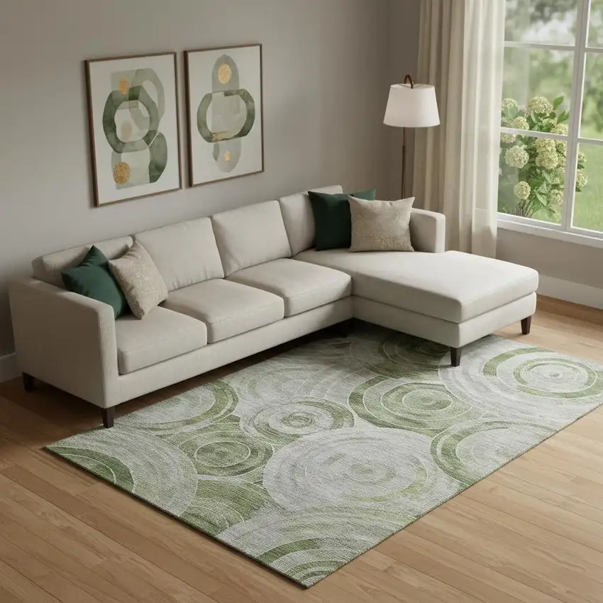 Artichoke Green Gray And Silver Geometric Washable Area Rug With UV Protection Photo 2