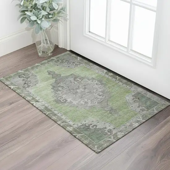 Artichoke Green Gray And Silver Oriental Washable Area Rug With UV Protection Photo 2