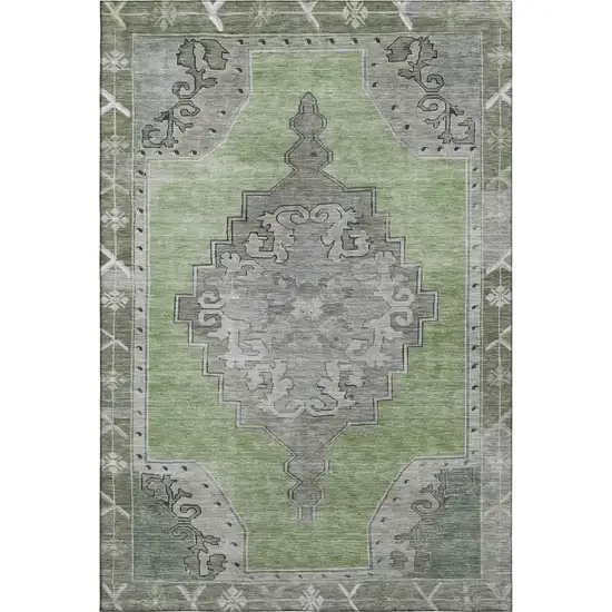 Artichoke Green Gray And Silver Oriental Washable Area Rug With UV Protection Photo 1