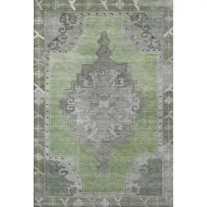 Photo of Artichoke Green Gray And Silver Oriental Washable Area Rug With UV Protection