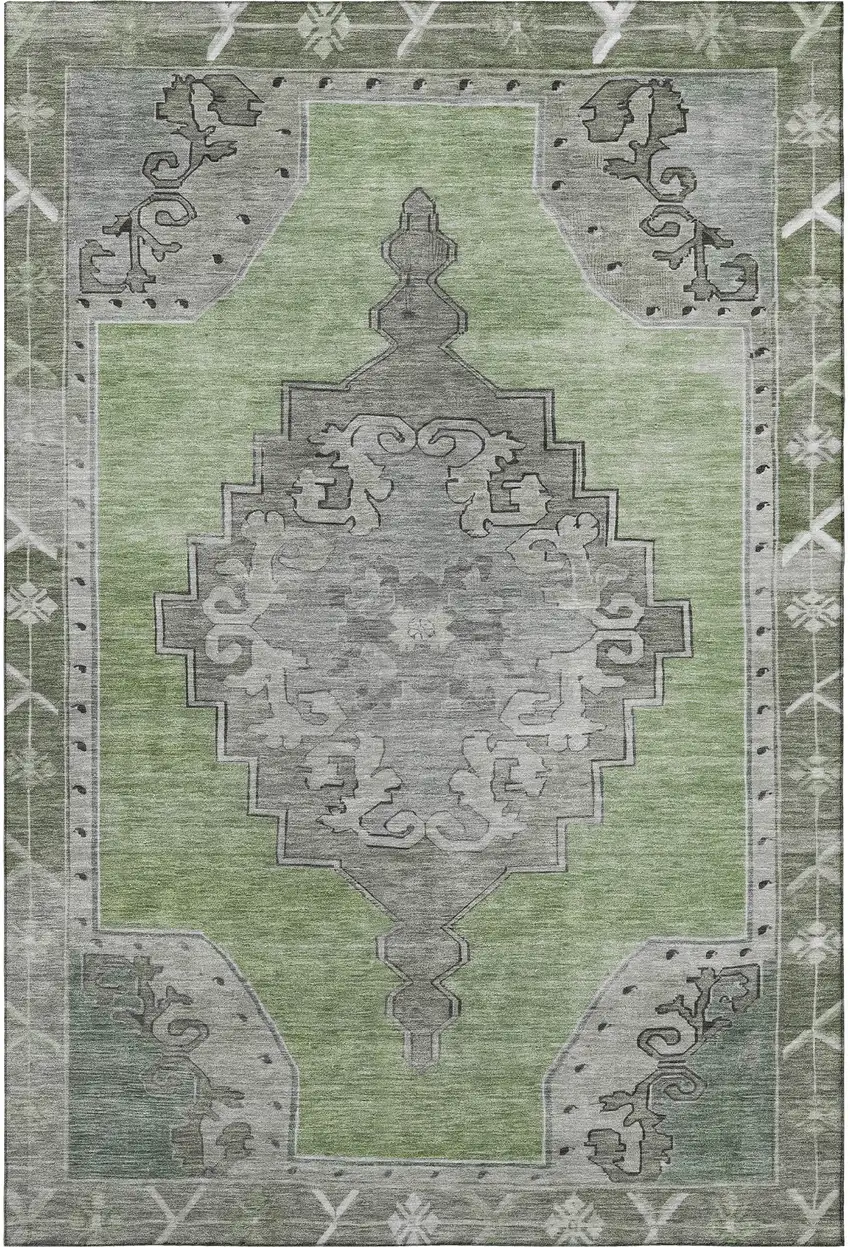 Artichoke Green Gray And Silver Oriental Washable Area Rug With UV Protection Photo 3