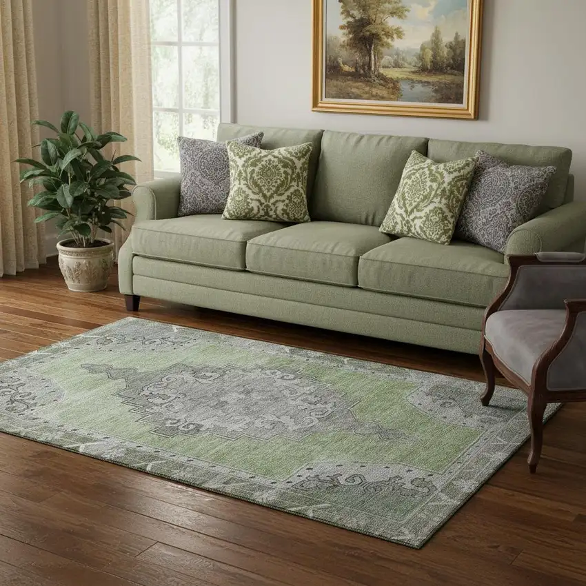 Artichoke Green Gray And Silver Oriental Washable Area Rug With UV Protection Photo 2