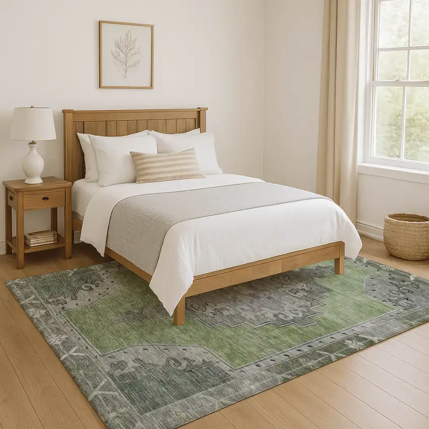 Artichoke Green Gray And Silver Oriental Washable Area Rug With UV Protection Photo 5