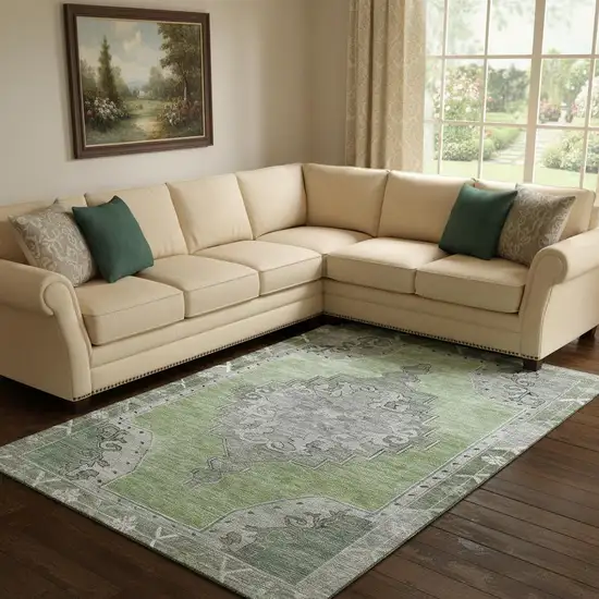 Artichoke Green Gray And Silver Oriental Washable Area Rug With UV Protection Photo 2