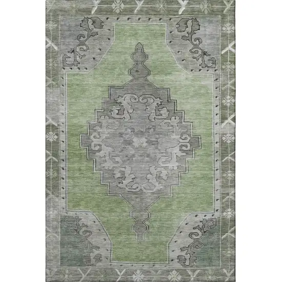 Artichoke Green Gray And Silver Oriental Washable Area Rug With UV Protection Photo 3