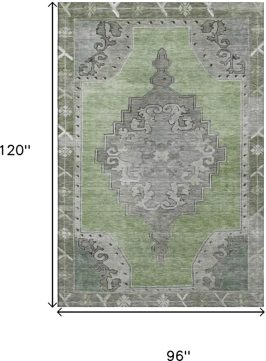 Artichoke Green Gray And Silver Oriental Washable Area Rug With UV Protection Photo 9