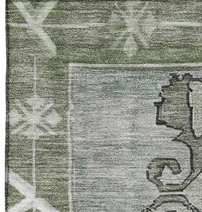 Artichoke Green Gray And Silver Oriental Washable Area Rug With UV Protection Photo 3