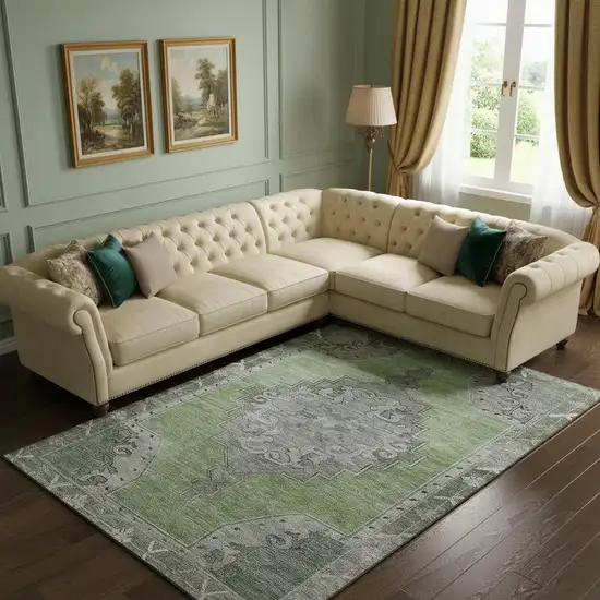 Artichoke Green Gray And Silver Oriental Washable Area Rug With UV Protection Photo 2