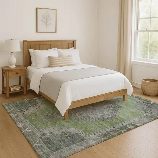 Artichoke Green Gray And Silver Oriental Washable Area Rug With UV Protection Photo 6