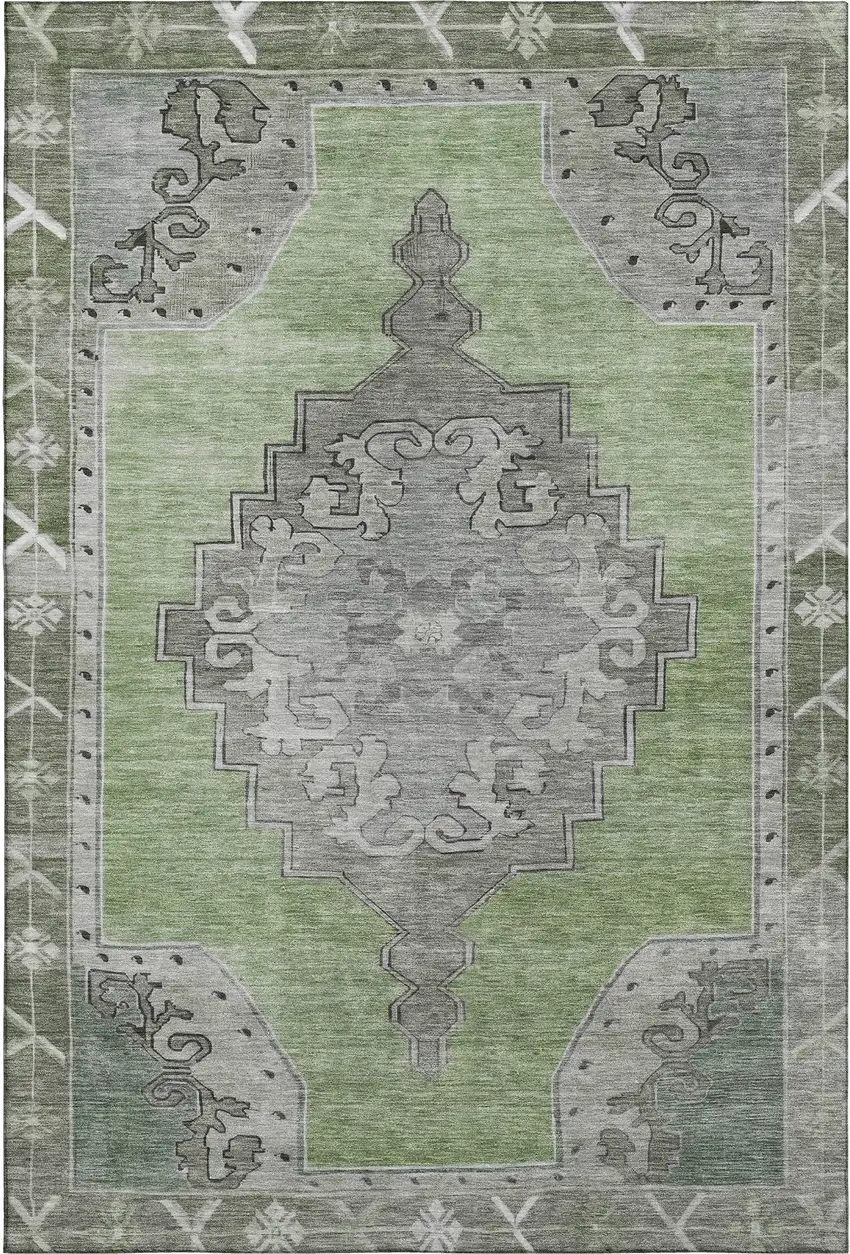 Artichoke Green Gray And Silver Oriental Washable Area Rug With UV Protection Photo 1