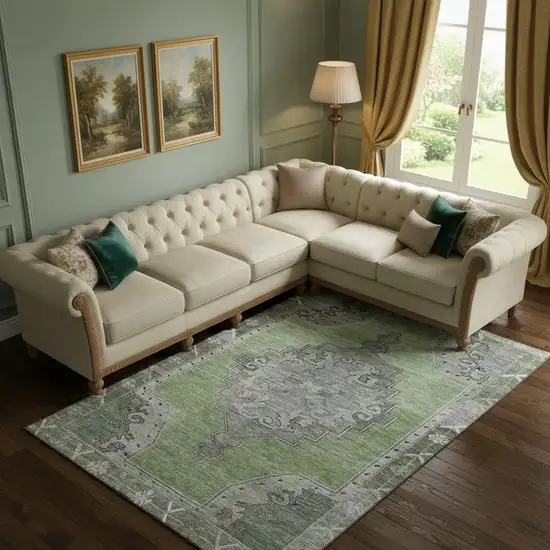 Artichoke Green Gray And Silver Oriental Washable Area Rug With UV Protection Photo 2