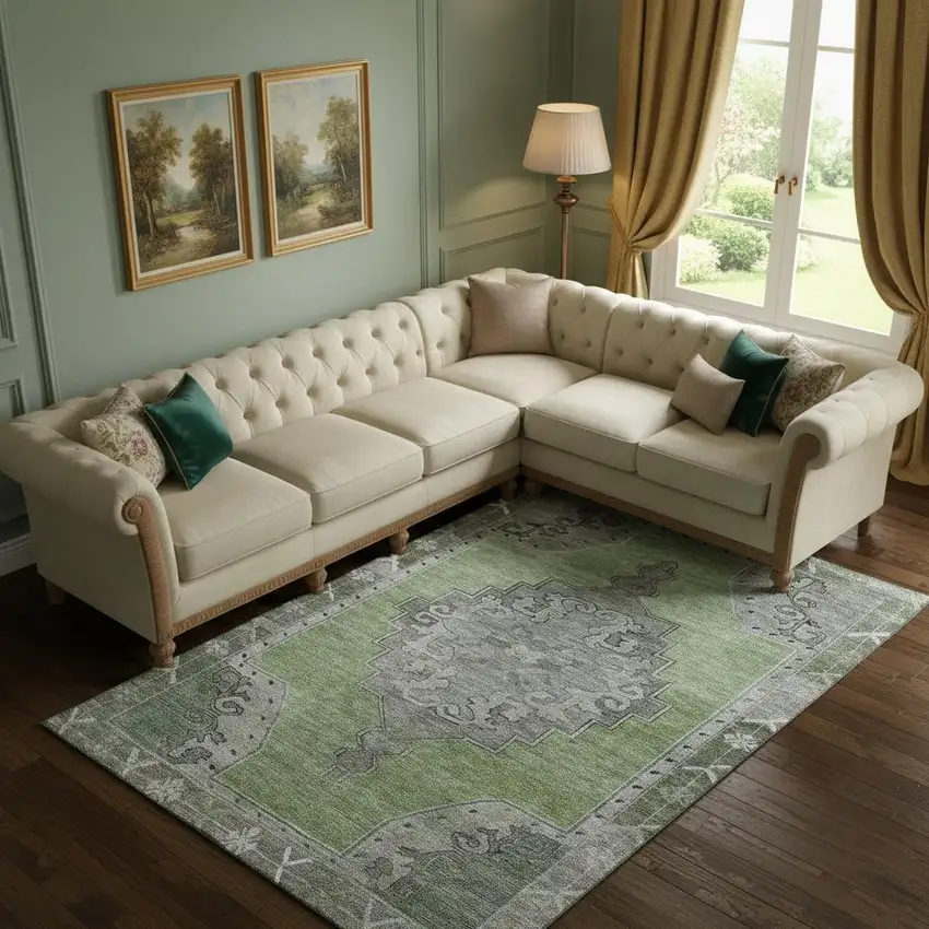 Artichoke Green Gray And Silver Oriental Washable Area Rug With UV Protection Photo 2