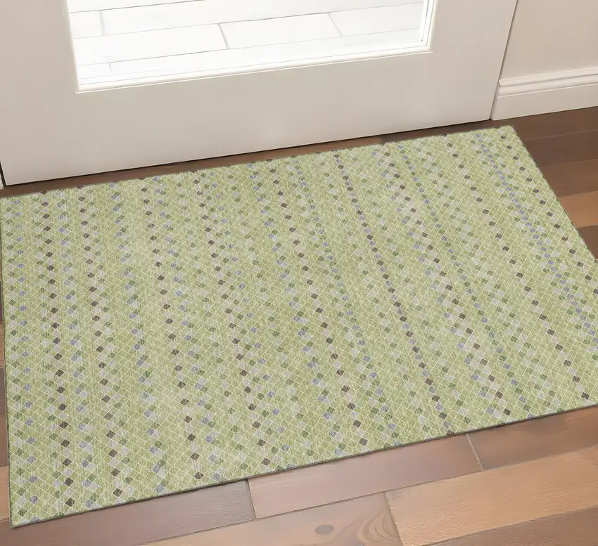 Artichoke Green Gray And Silver Striped Washable Area Rug With UV Protection Photo 1