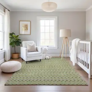 Photo of Artichoke Green Gray And Silver Striped Washable Area Rug With UV Protection
