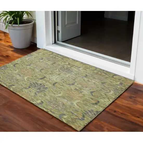 Artichoke Green Gray And Tan Damask Washable Indoor Outdoor Area Rug Photo 1