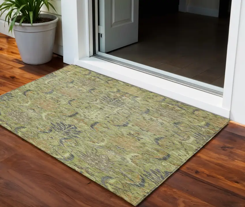 Artichoke Green Gray And Tan Damask Washable Indoor Outdoor Area Rug Photo 1