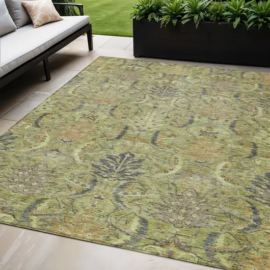 Artichoke Green Gray And Tan Damask Washable Indoor Outdoor Area Rug Photo 1