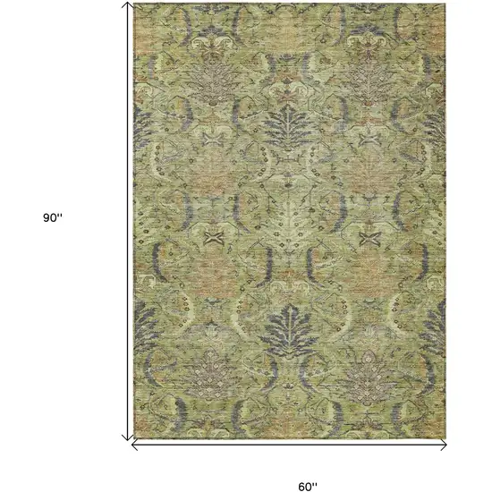 Artichoke Green Gray And Tan Damask Washable Indoor Outdoor Area Rug Photo 8