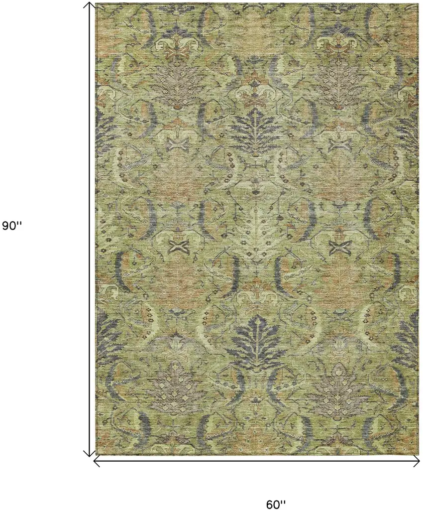 Artichoke Green Gray And Tan Damask Washable Indoor Outdoor Area Rug Photo 8