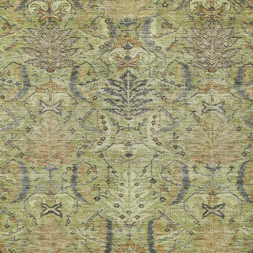 Artichoke Green Gray And Tan Damask Washable Indoor Outdoor Area Rug Photo 6