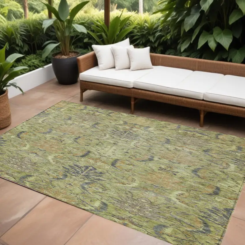 Artichoke Green Gray And Tan Damask Washable Indoor Outdoor Area Rug Photo 1