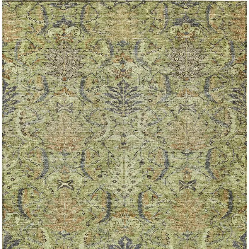 Artichoke Green Gray And Tan Damask Washable Indoor Outdoor Area Rug Photo 7