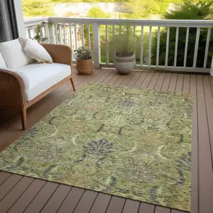Photo of Artichoke Green Gray And Tan Damask Washable Indoor Outdoor Area Rug