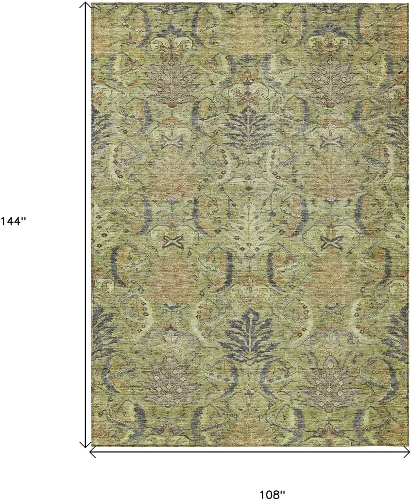 Artichoke Green Gray And Tan Damask Washable Indoor Outdoor Area Rug Photo 8